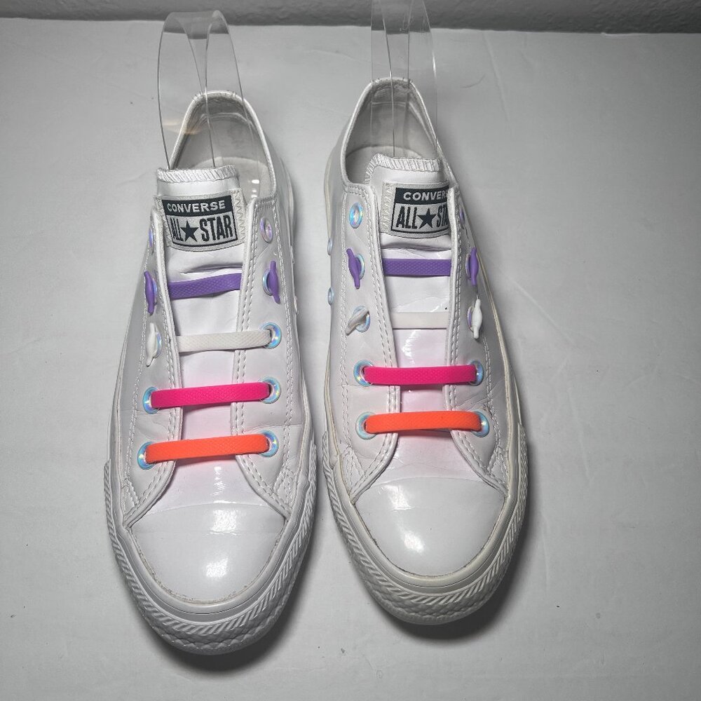 Converse Chuck Taylor All Star White Low Top Sneakers Colorful Laces - Picture 3 of 9